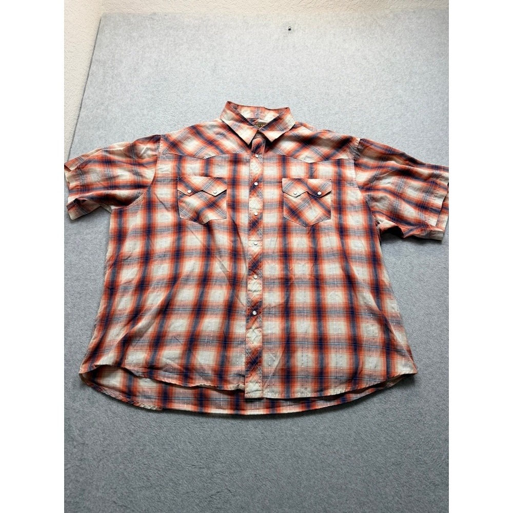 Rustler Mens 3XL Tall Western Pearl Snap Shirt Plaid ShortSleeve Orange Blue Vtg